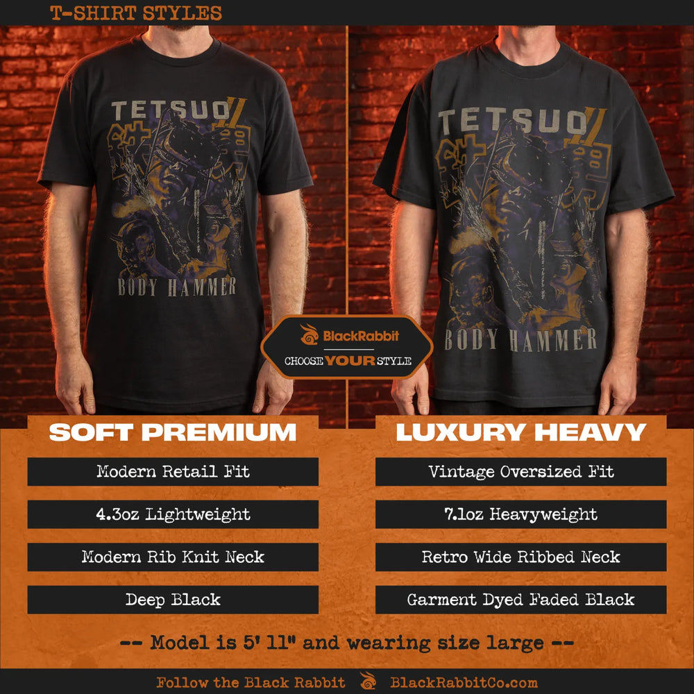 Black rabbit ’body hammer’ t-shirt in deep black with a graphic print featuring gold and dark blue accents.