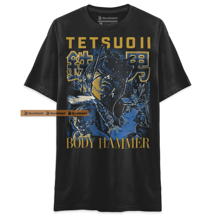 Black t-shirt with graphic print.