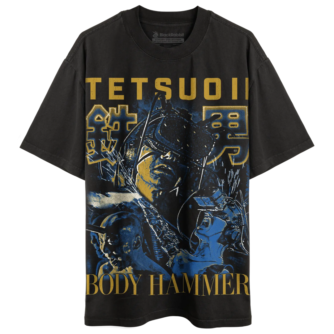 Black graphic tee with tetsuo design and text.