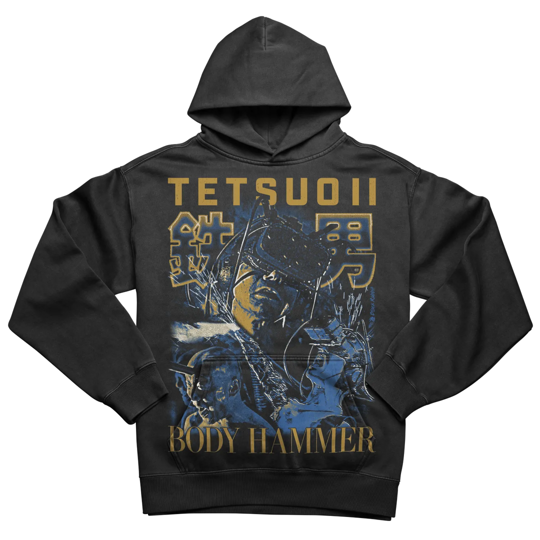Black tetsuo ii hoodie with metallic gold and blue graphic design featuring a samurai warrior.