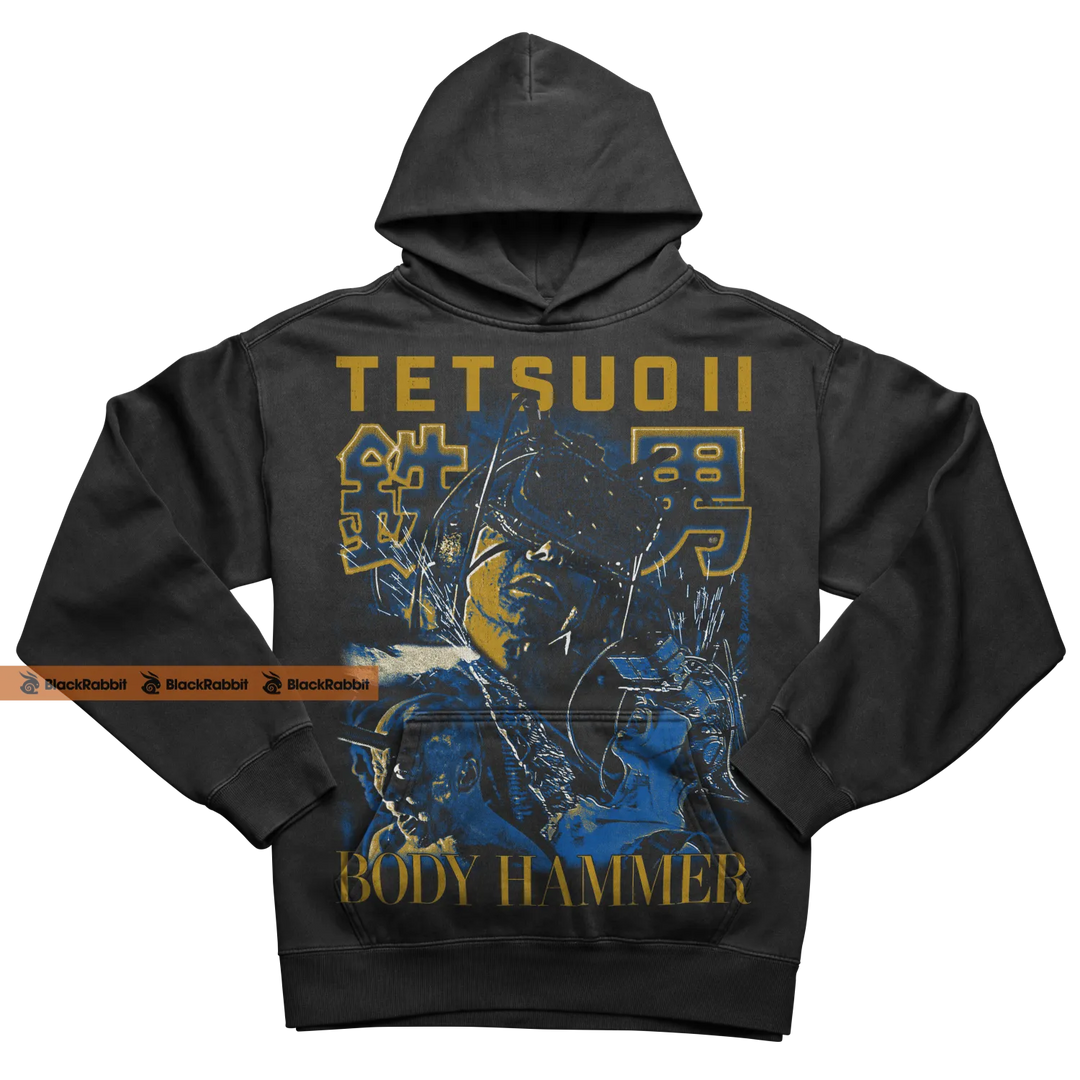 Black hoodie with graphic print.