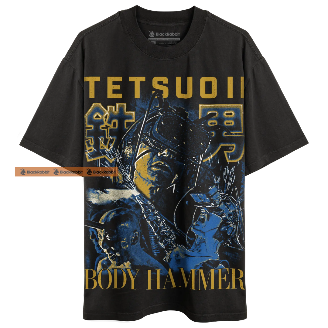 Black graphic t-shirt.
