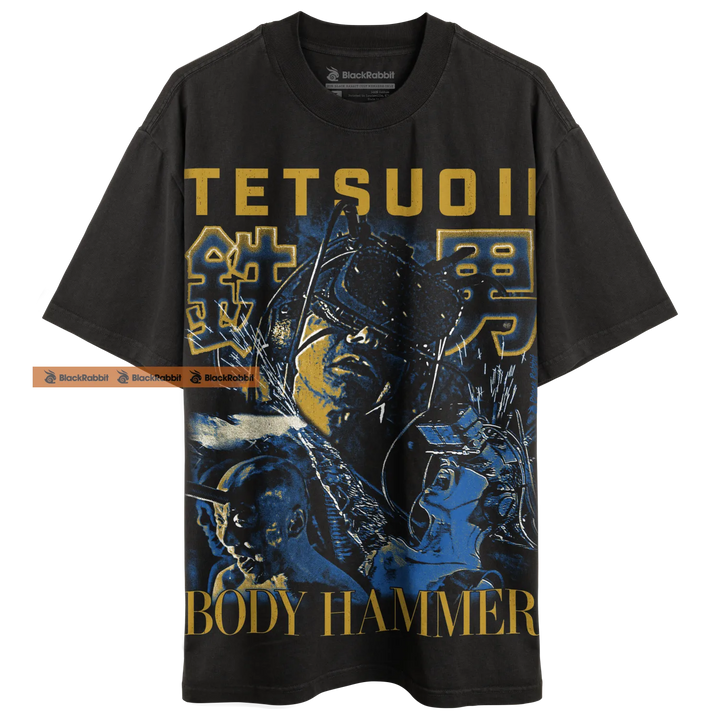 Black graphic t-shirt.