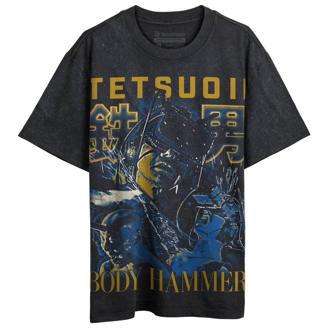 Black t-shirt with tetsuo graphic and ’body hammer’ text in gold.