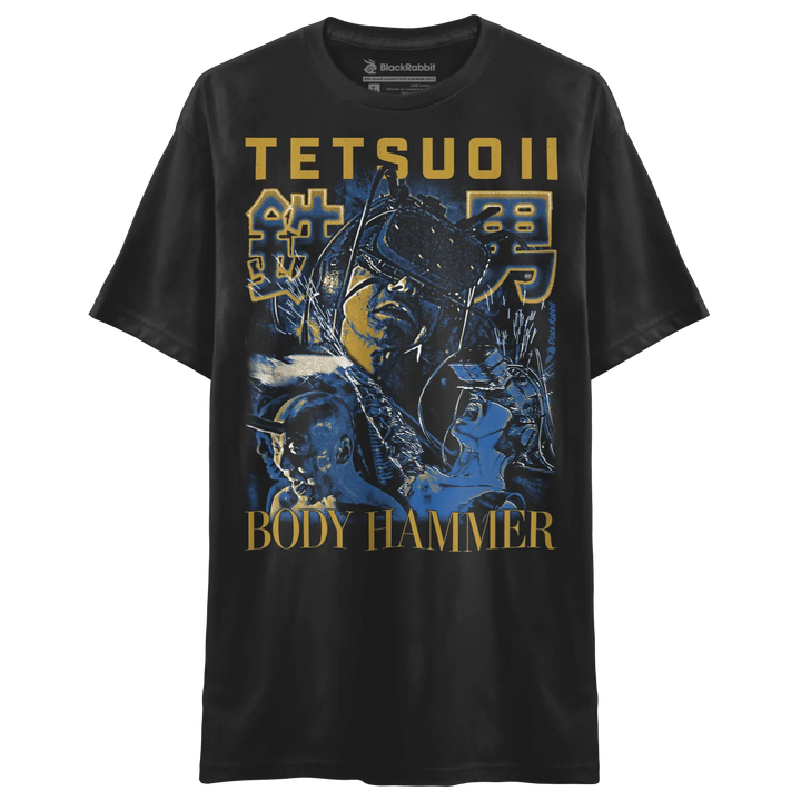 Black t-shirt with tetsuo ii graphic and text ’body hammer’ in gold.