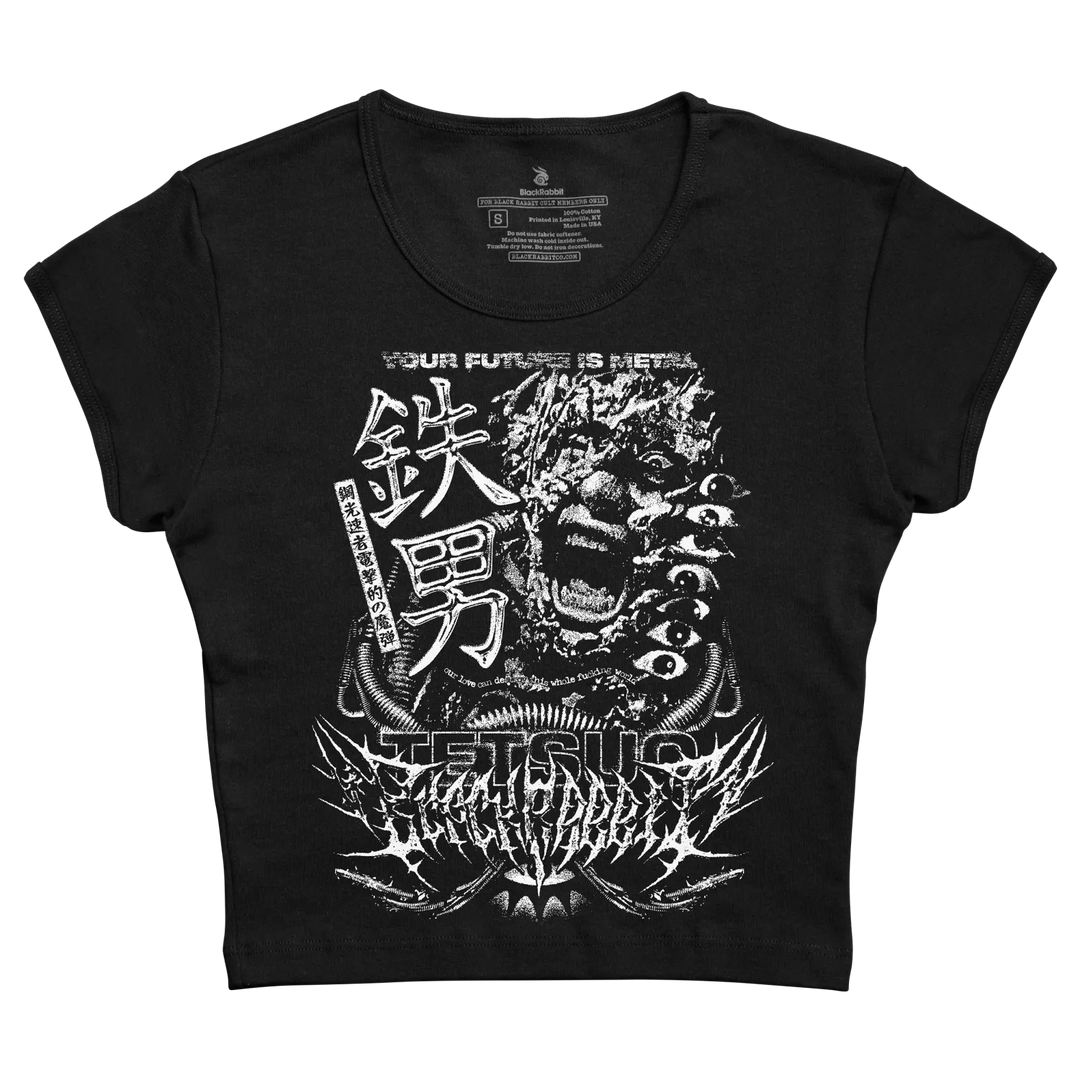 Black Rabbit's Women's Cropped Baby Tee with white Tetsuo print.
