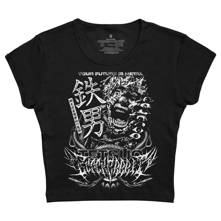Black Rabbit's Women's Cropped Baby Tee with white Tetsuo print.