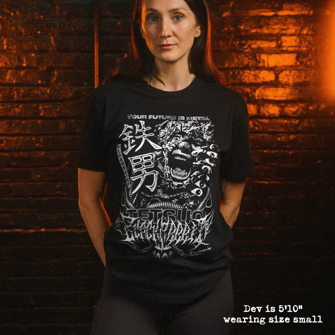 Female model wear soft premium tee with tetsuo graphic