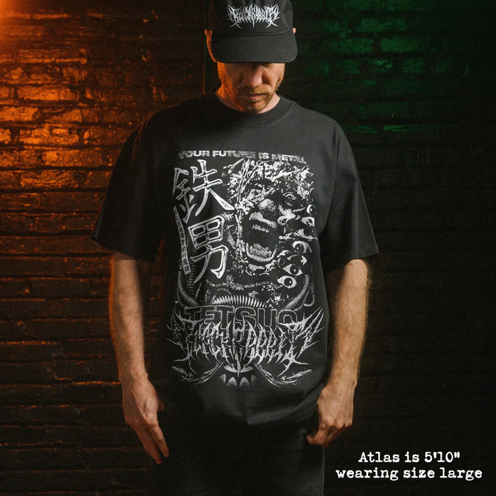 Male model wearing heavy tee with tetsuo graphic