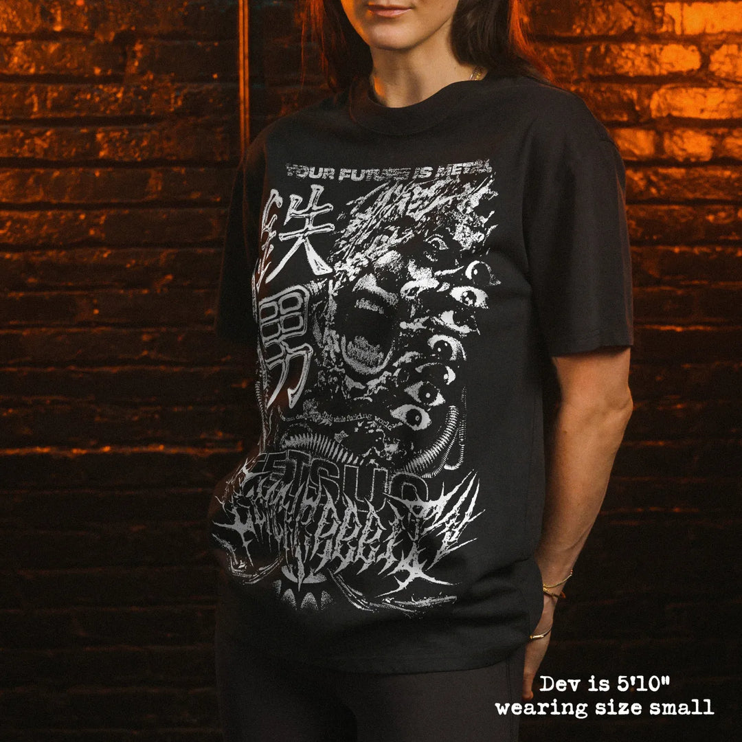 Female model wearing heavy tee with tetsuo graphic