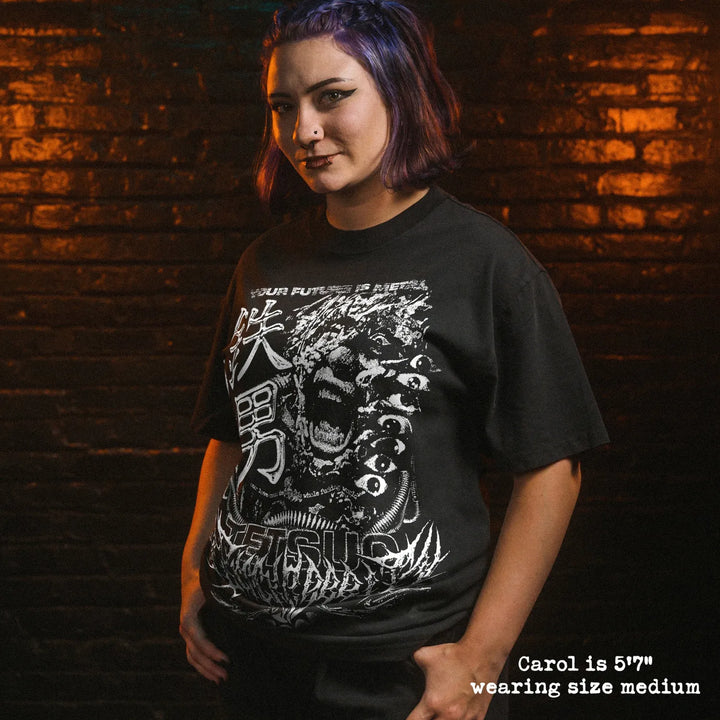 Female model wearing heavy tee with tetsuo graphic