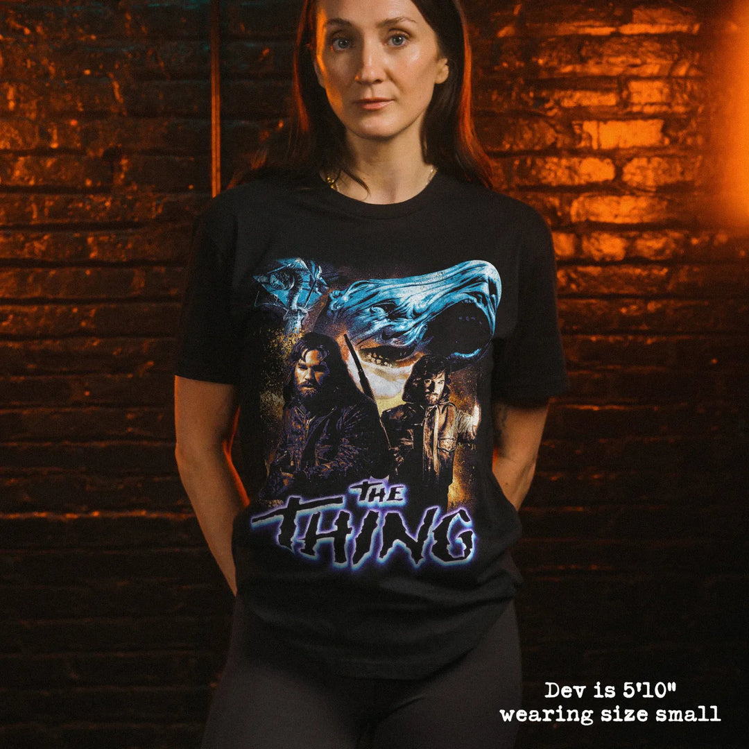 model wear soft premium tee with the thing graphic

