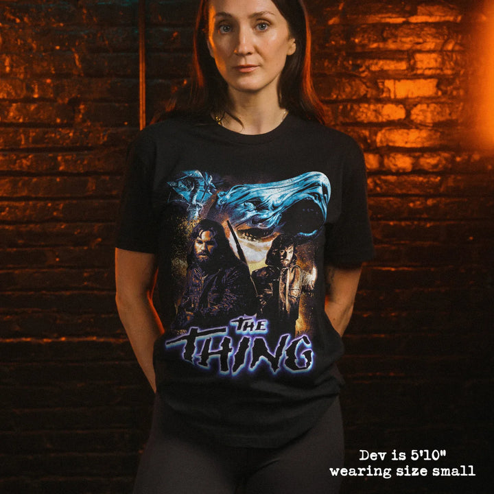 model wear soft premium tee with the thing graphic
