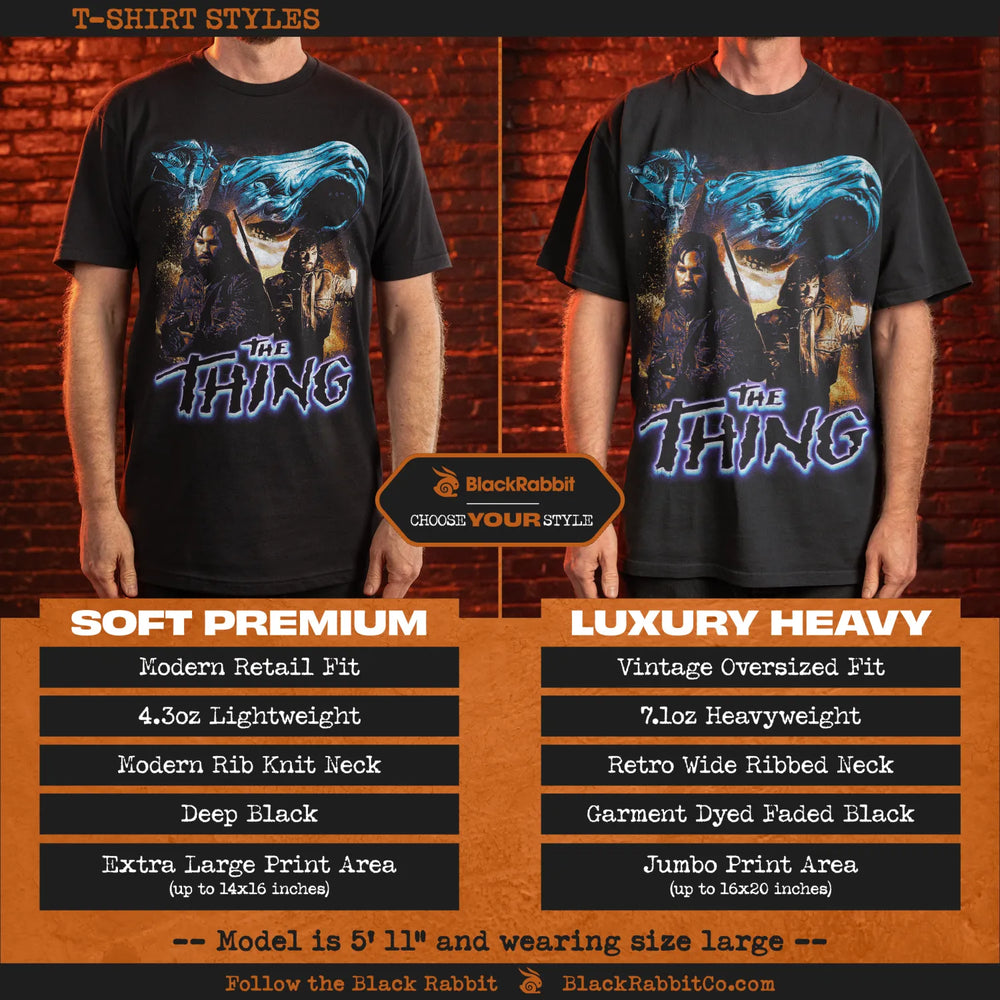 A comparison of two black t-shirts featuring ’The Thing’ graphic, highlighting their different styles, fits, weights, necklines, colors, and print areas.