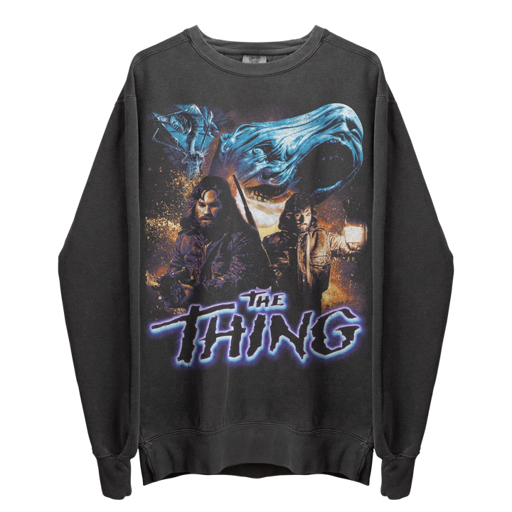 Dark gray crewneck sweatshirt with a graphic print of ’The Thing’ movie poster.