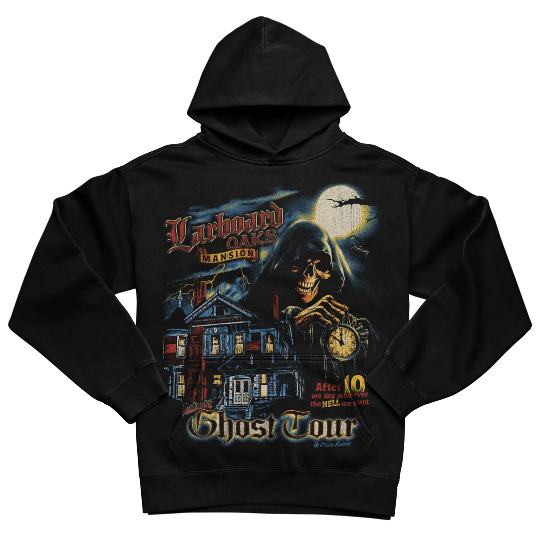 Black hooded sweatshirt with ghost tour design featuring a grim reaper and haunted house.