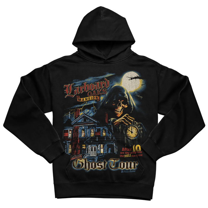 Black hooded sweatshirt with ghost tour design featuring a grim reaper and haunted house.