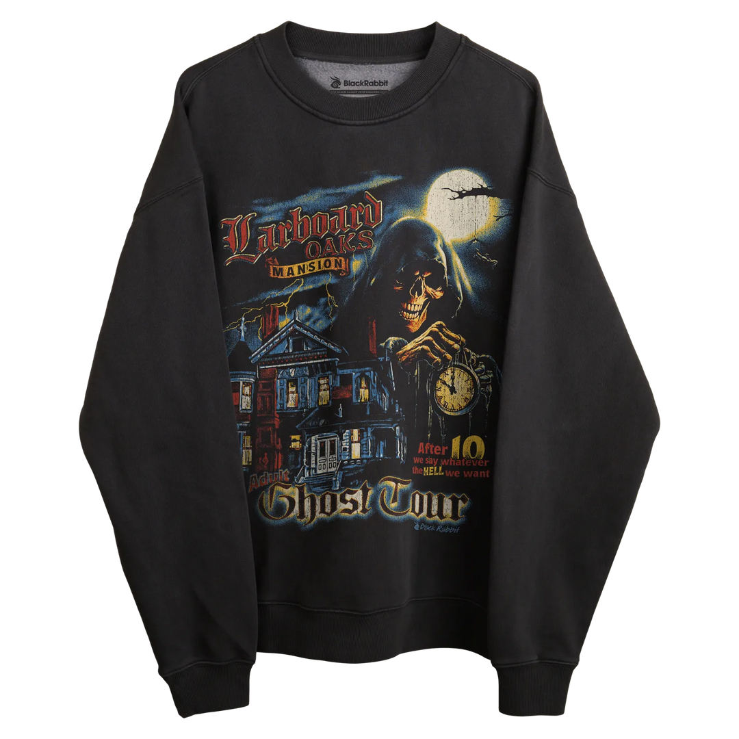 Black sweatshirt with a graphic design of the grim reaper and haunted house, featuring dark blue accents.
