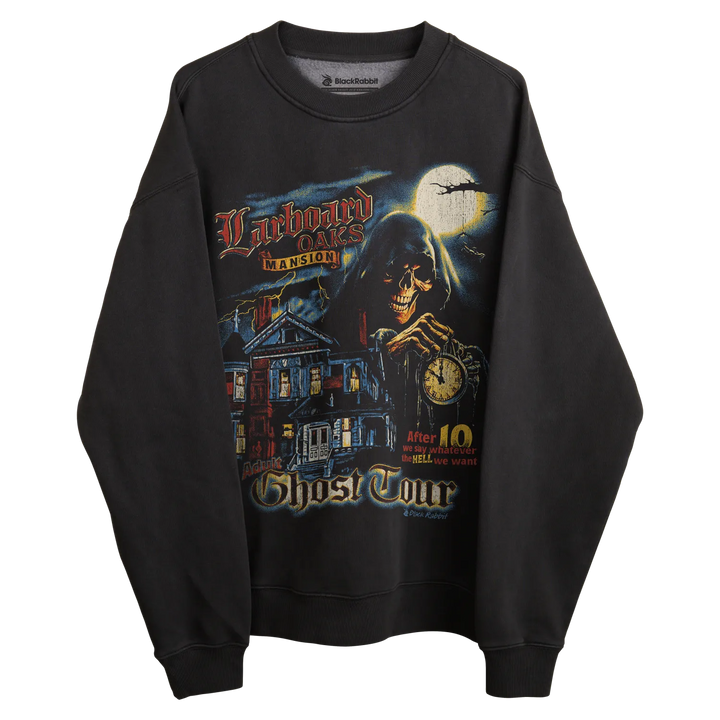 Black sweatshirt with a graphic design of the grim reaper and haunted house, featuring dark blue accents.