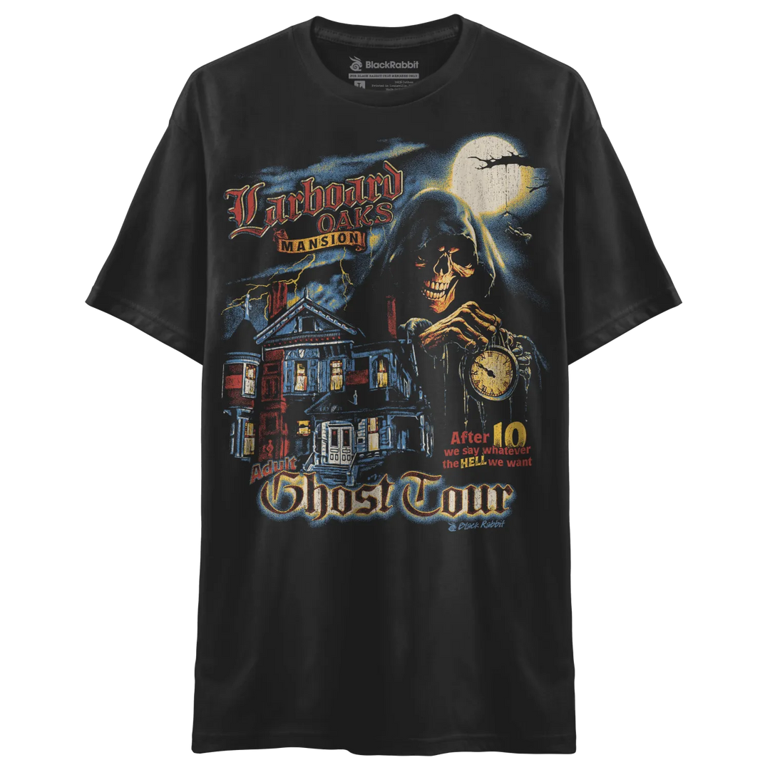 Black short-sleeved t-shirt with a spooky mansion and skeleton graphic.