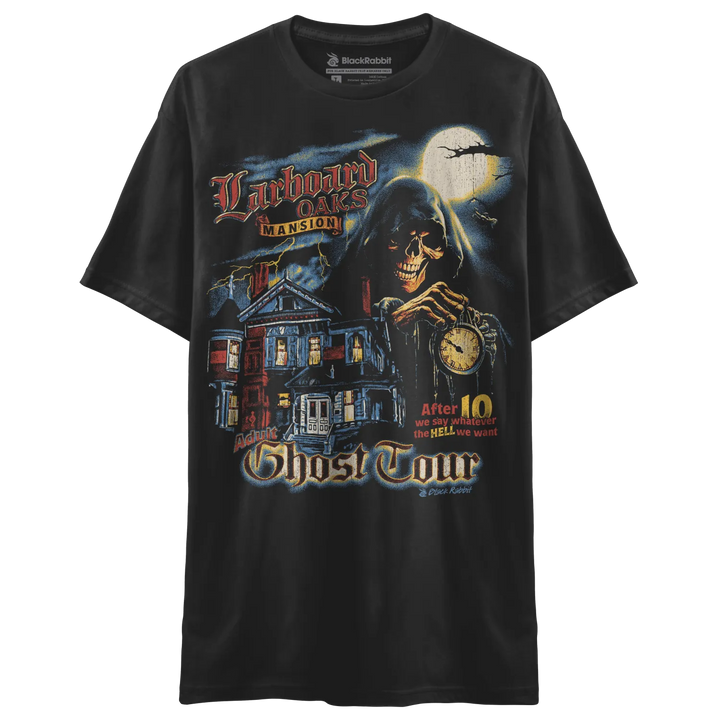 Black short-sleeved t-shirt with a spooky mansion and skeleton graphic.