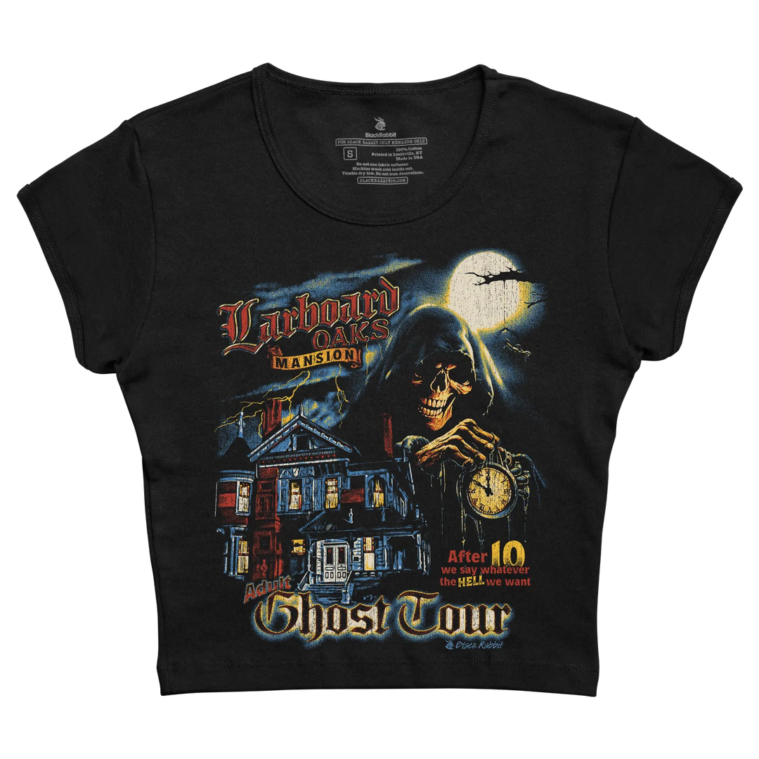 Black short-sleeved t-shirt featuring a vibrant graphic of the grim reaper holding a clock beside a haunted mansion under a full moon, with text reading ’larboard oaks mansion ghost tour.’