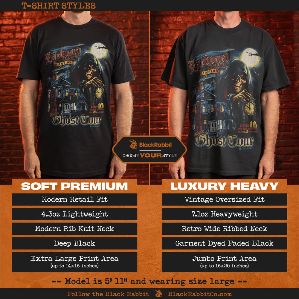 Two black t-shirts, one with a modern retail fit and the other with a vintage oversized fit, both featuring a spooky ’Ghost Tour’ graphic.