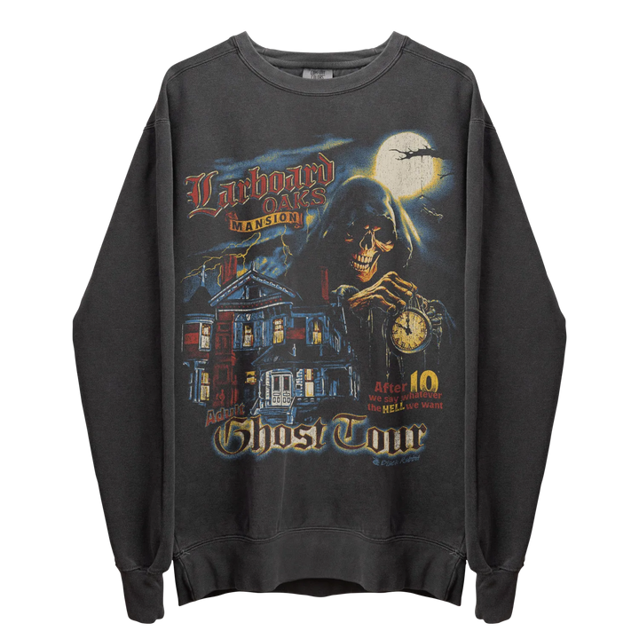 Dark gray crewneck sweatshirt with a spooky mansion and skeleton graphic.