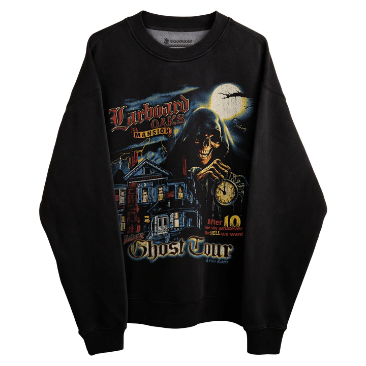 Black sweatshirt with ghost tour design featuring a grim reaper and haunted house, made of cotton.