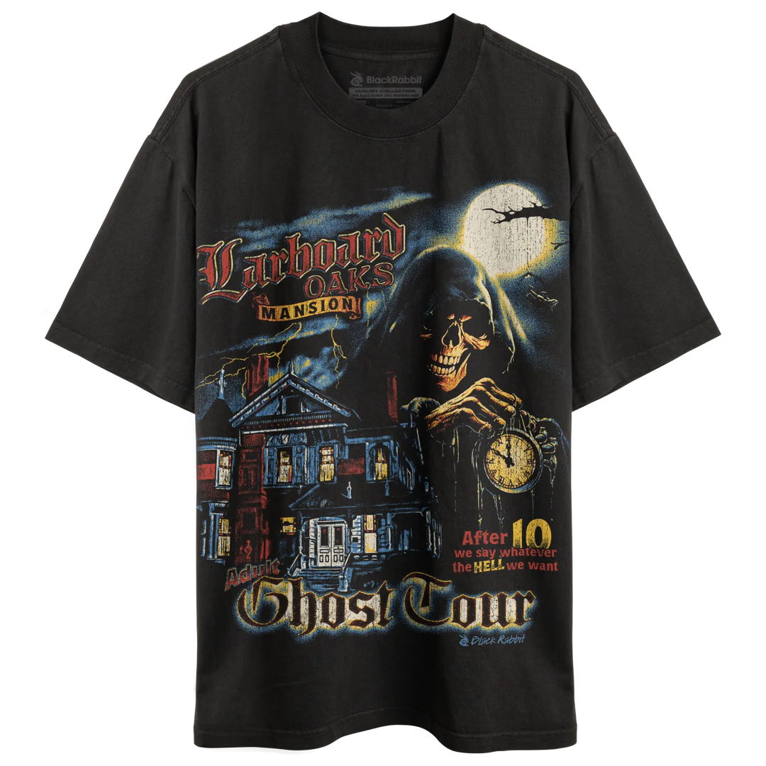 Black t-shirt with a spooky haunted house and grim reaper graphic.