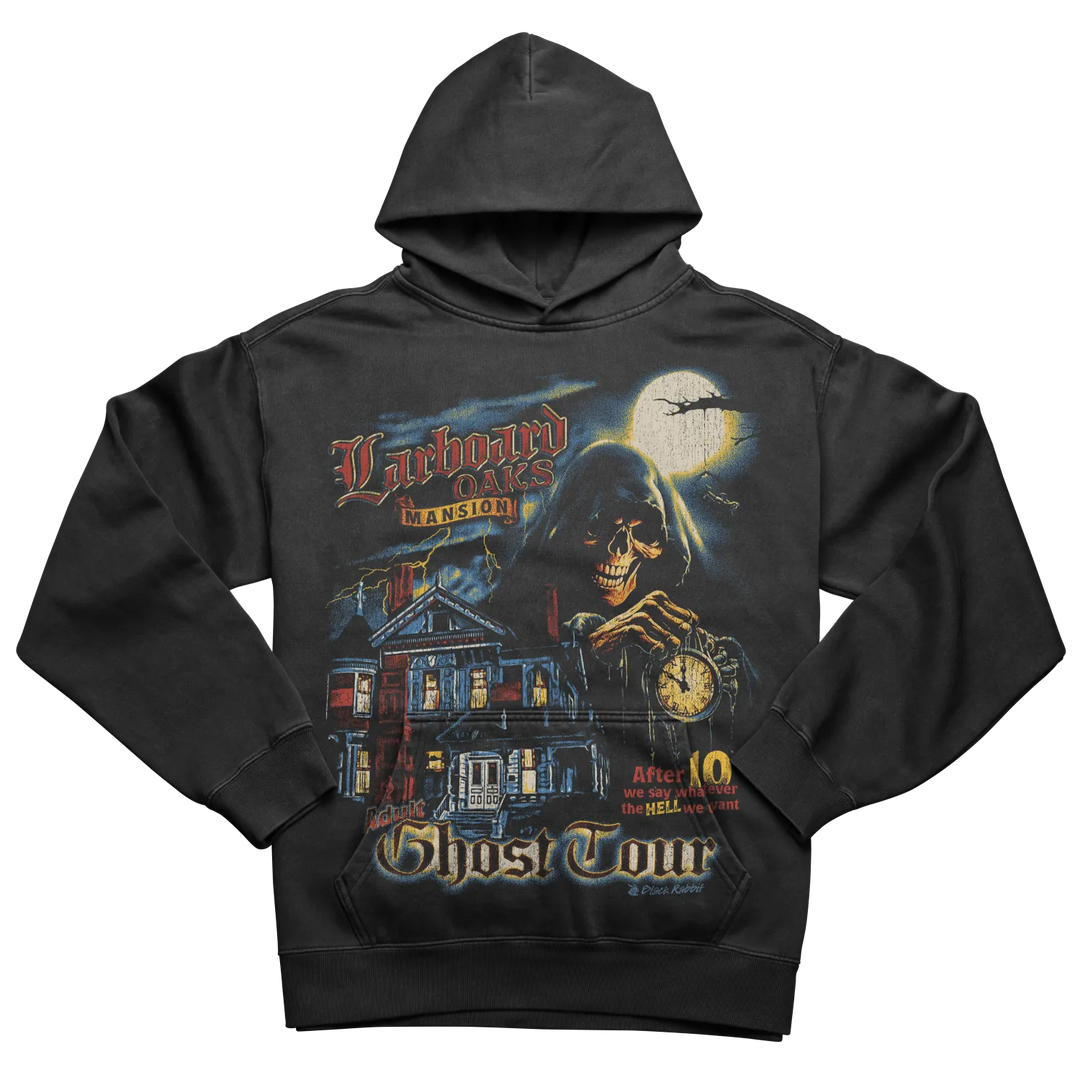 Black hoodie with a spooky mansion and Grim Reaper graphic.