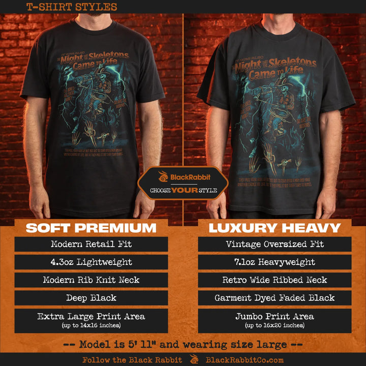 Comparison of two black t-shirt styles (soft premium and luxury heavy) with the same graphic print.