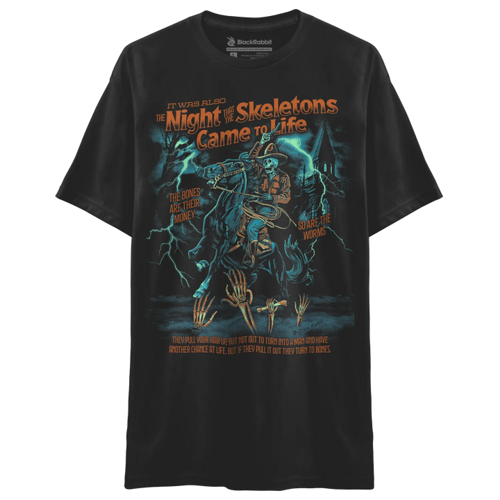 Black short-sleeved t-shirt with a vibrant graphic print of a skeleton cowboy on horseback amid lightning.