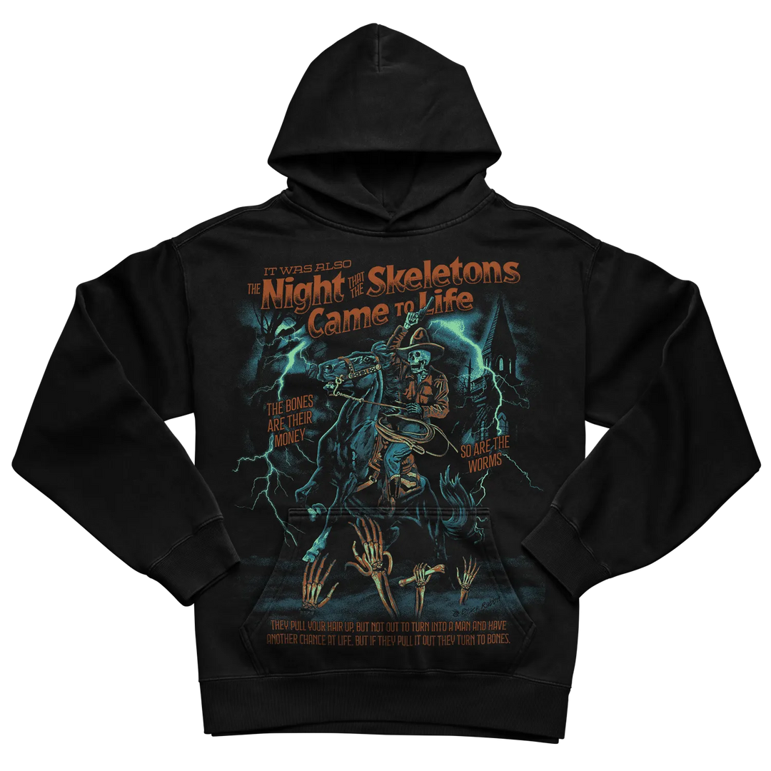 Black hoodie with skeleton design and lightning bolts, hooded sweatshirt.