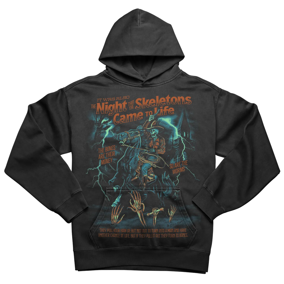 Black hoodie with a vivid, spooky skeleton and lightning graphic.