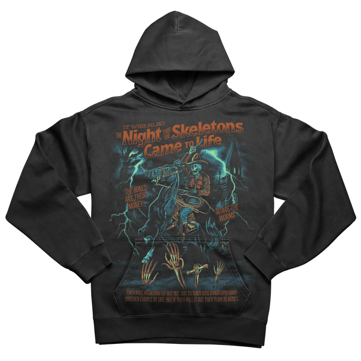 Black hoodie with a vivid, spooky skeleton and lightning graphic.
