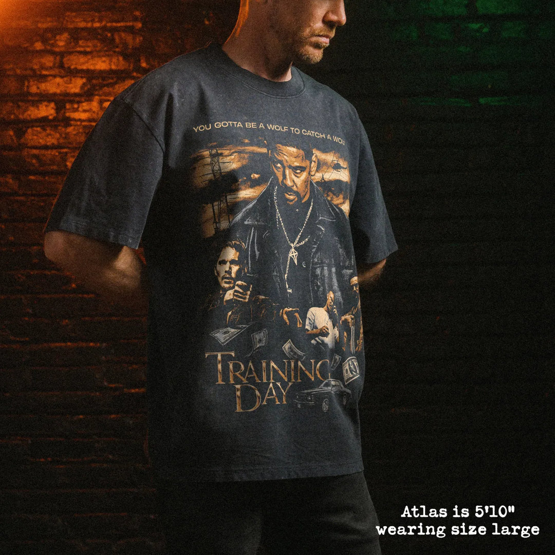 Male model wearing stone wash heavy tee with training day graphic 