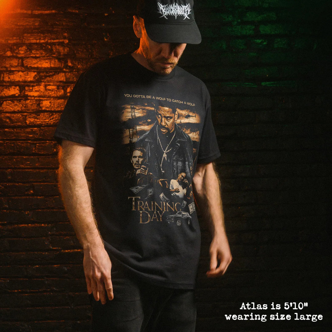 Male model wear soft premium tee with training day graphic
