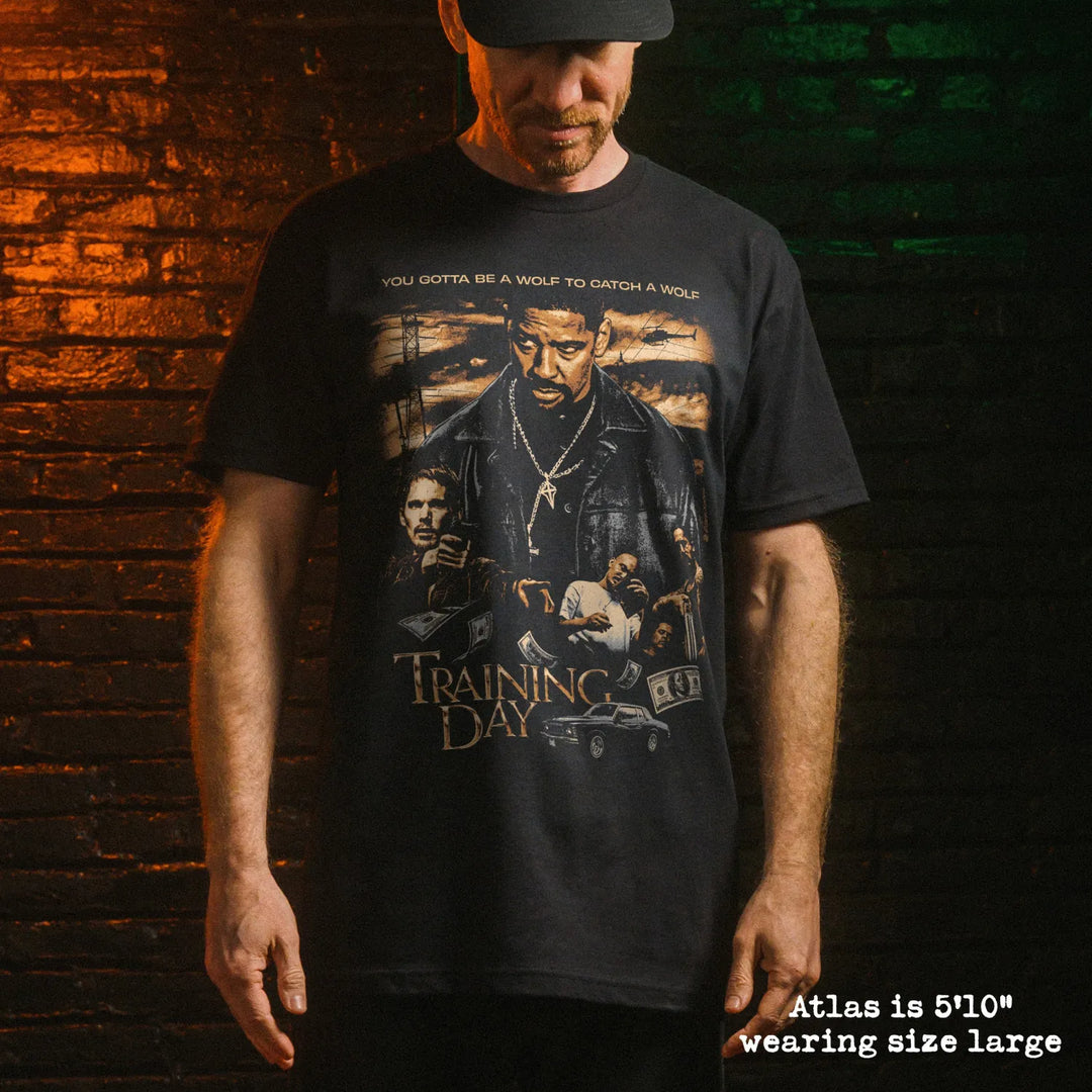 Male model wear soft premium tee with training day graphic
