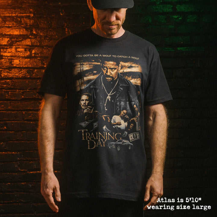 Male model wear soft premium tee with training day graphic

