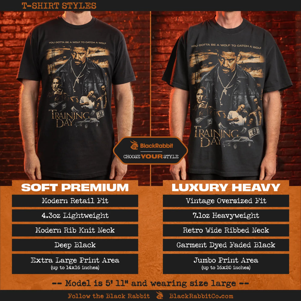 Two different styles of black ’Training Day’ movie graphic t-shirts.