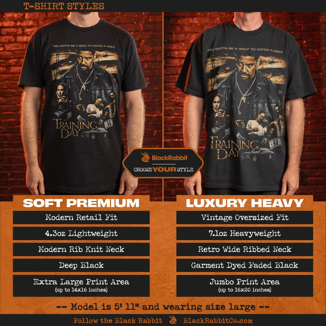 Two different styles of black ’Training Day’ movie graphic t-shirts.