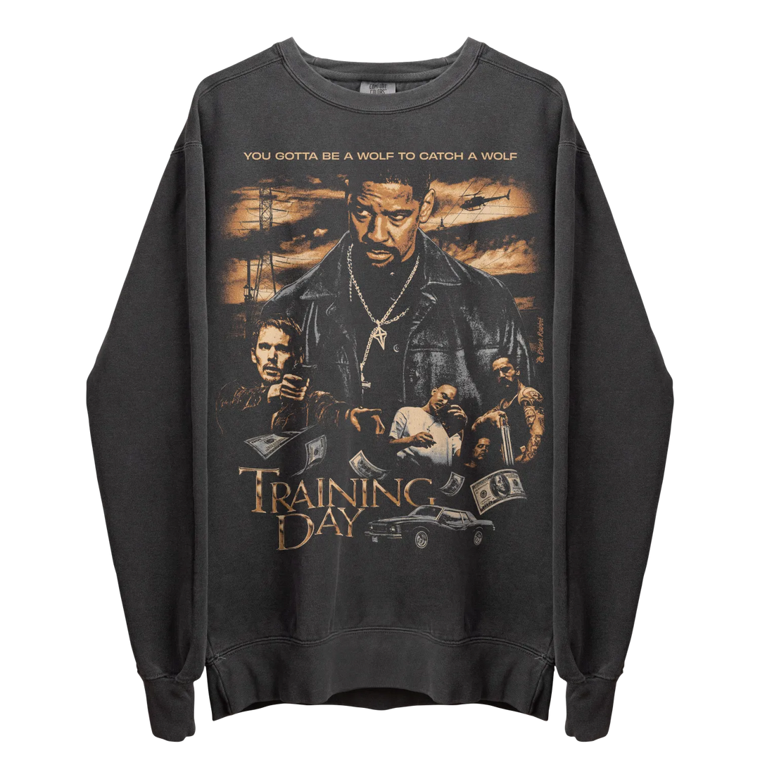 Gray long-sleeved crewneck sweatshirt with a graphic print featuring movie characters and the title ’TRAINING DAY’.