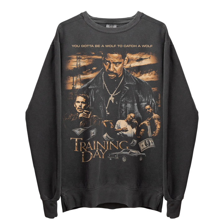Gray long-sleeved crewneck sweatshirt with a graphic print featuring movie characters and the title ’TRAINING DAY’.
