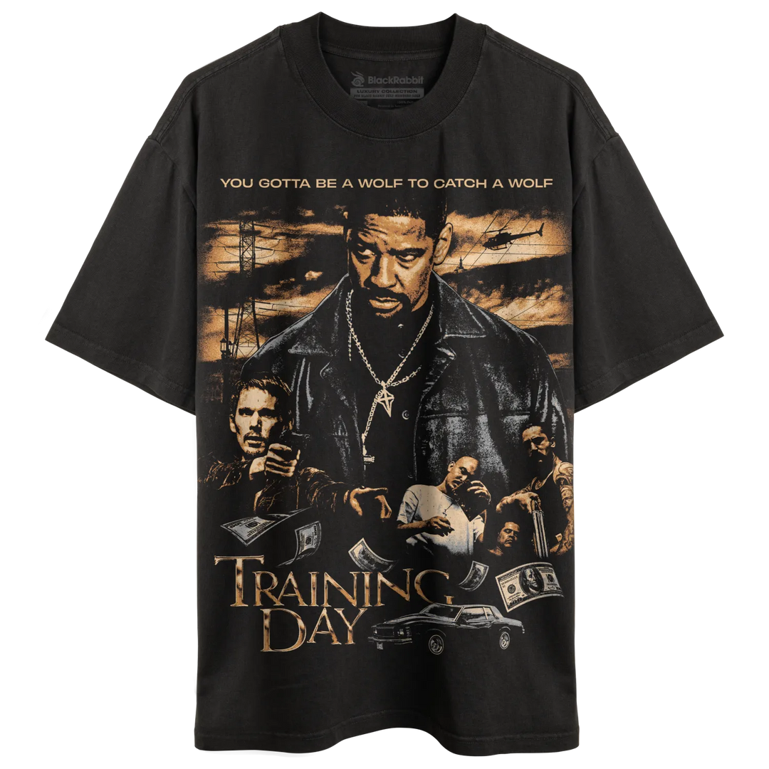 A black graphic t-shirt featuring the ’Training Day’ movie poster.