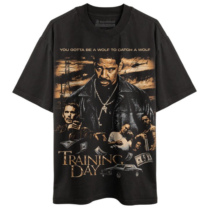 A black graphic t-shirt featuring the ’Training Day’ movie poster.