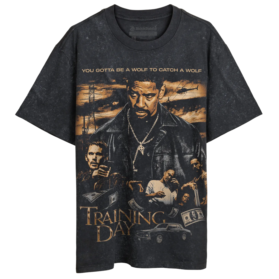 A dark gray, short-sleeved t-shirt featuring a graphic print of the ’Training Day’ movie poster.