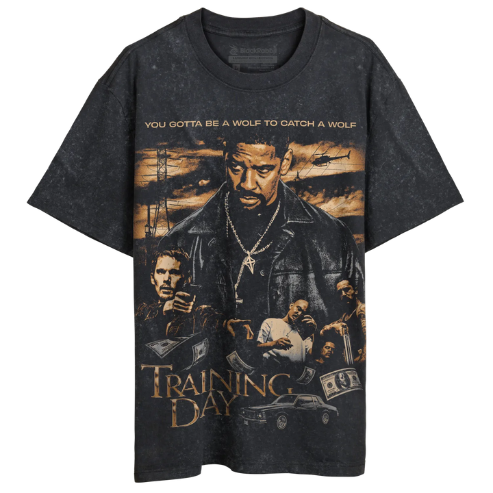 A dark gray, short-sleeved t-shirt featuring a graphic print of the ’Training Day’ movie poster.