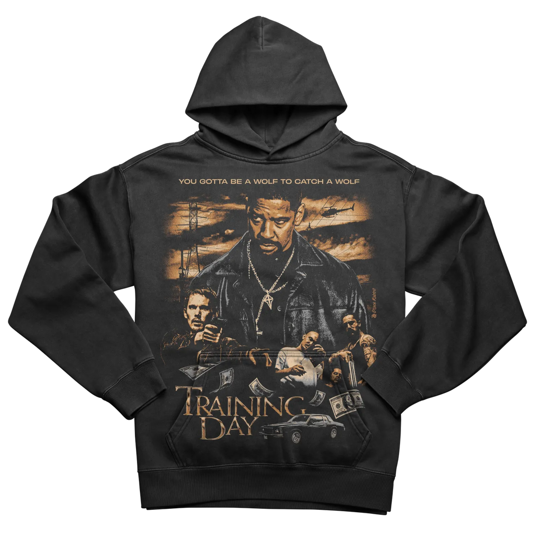 Black hooded sweatshirt with a ’Training Day’ movie graphic.