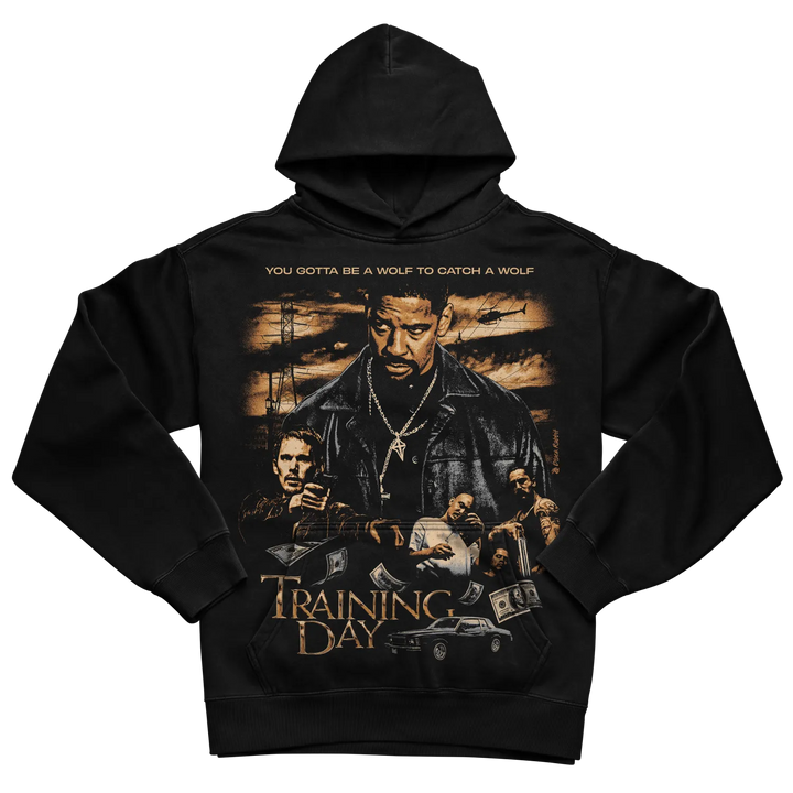 Black hoodie with ’training day’ graphic design featuring a wolf motif and text.
